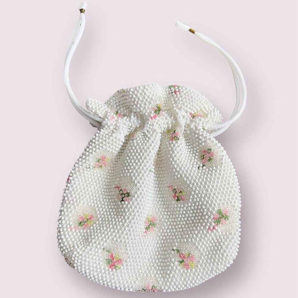 Vintage Lumured Corde Beaded (Inside & Out) Bag Drawstring Pouch Purse Clean